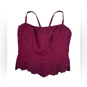 Vintage 90s Mori Lee Corset Boned Top Embroidered Burgundy WhimsyGoth Size S
